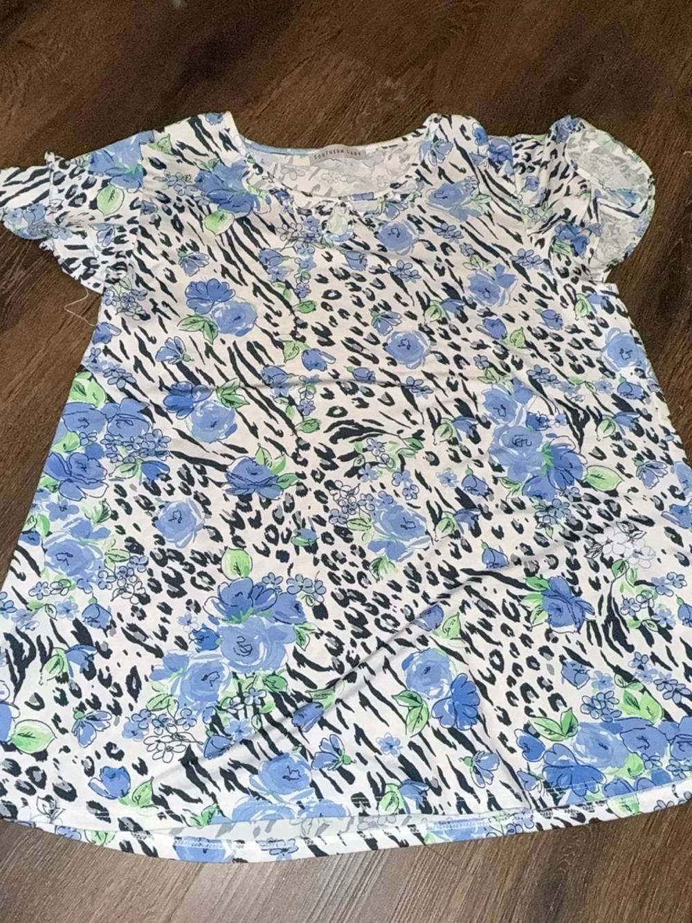 Southern Lady Blue Floral & Black Animal Print Short Sleeve Top